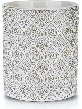 New White Ceramic Utensil Holder 6 x 7 inch Large Embossed Countertop Crock